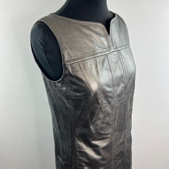 Elie Tahari Asphalt Black Mini Shift Dress Leather Split Neck Back Zip Size 6 - Picture 6 of 11